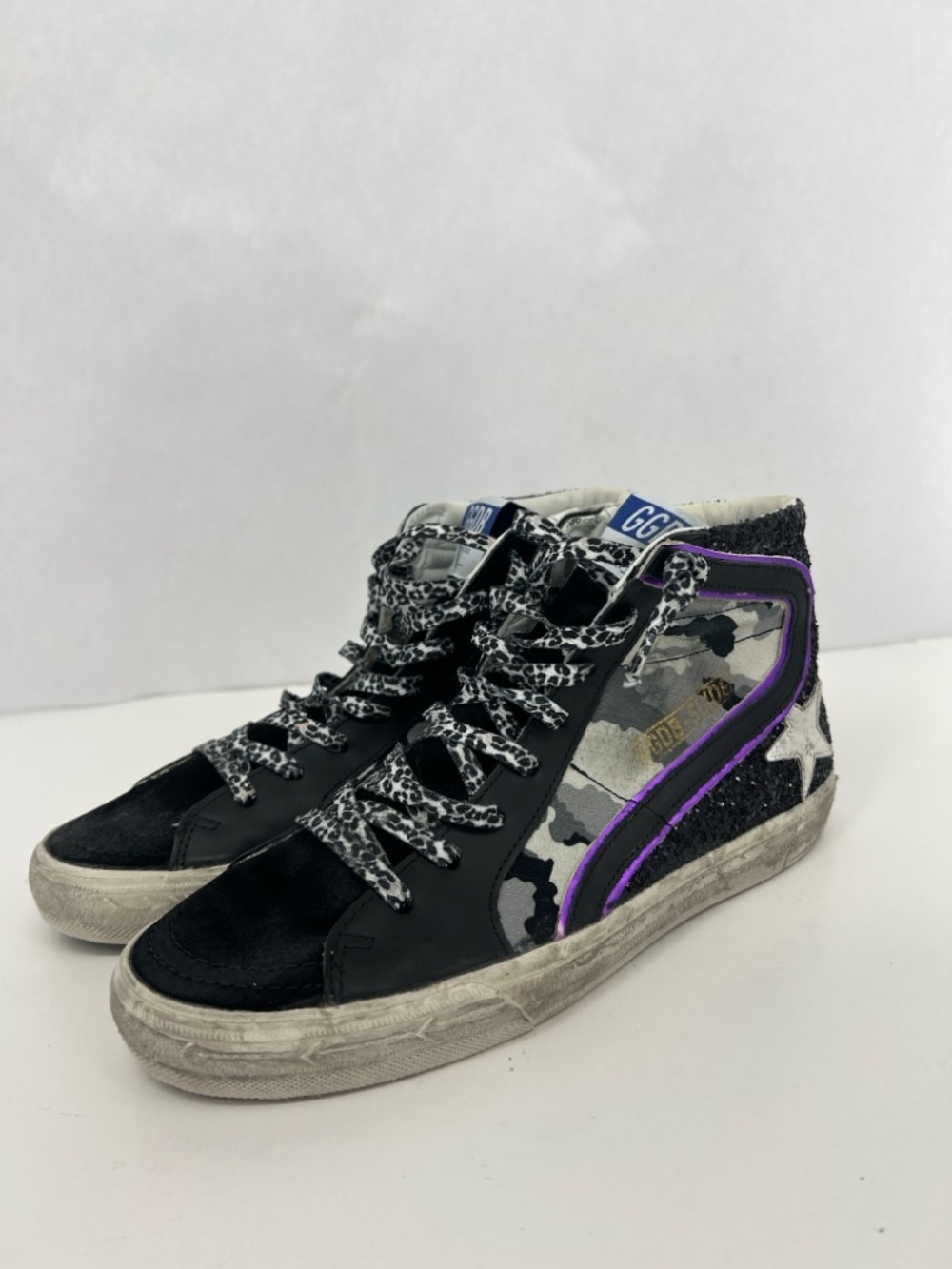 Golden Goose Slide camo glitter High-Top Sneakers in Black, Gray & Purple